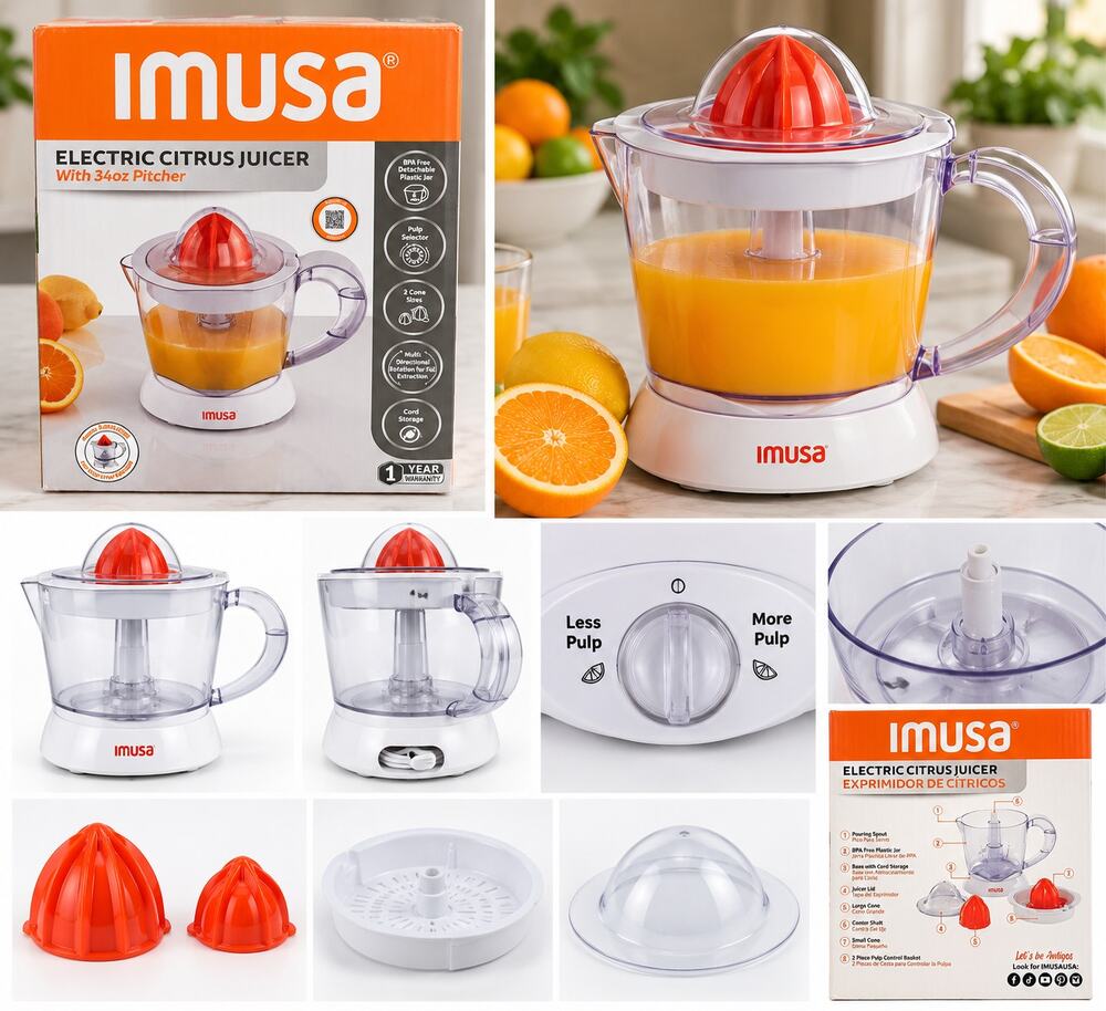 IMUSA Electric Citrus Juicer with 34 oz Pitcher – White & Orange